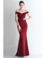 Twist Front Off-Shoulder Gown in Burgundy