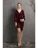 Shimmer Sequin Ruffle Wrap Dress in Burgundy