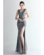 Glittering Sequin V-Neck Slit Gown in Silver