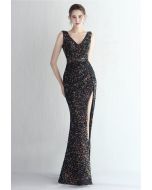 Glittering Sequin V-Neck Slit Gown in Black