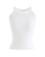 Fitted Ribbed Knit Halter Tank Top in White