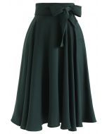 Flare Hem Bowknot Waist Midi Skirt in Emerald