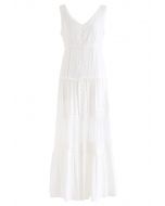 Crochet Trims Panelled Button Down Sleeveless Maxi Dress in White