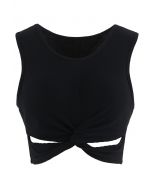 Twist Front Ribbed Sleeveless Low-Impact Sports Bra in Black