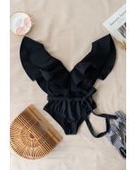 Plunging V-Neck Ruffle One-Piece Swimsuit in Black