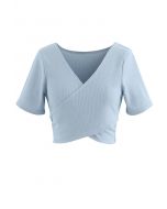 Crisscross Front Short Sleeves Ribbed Top in Dusty Blue