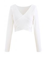 Crisscross Front Long Sleeves Ribbed Top in White