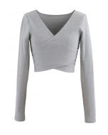 Crisscross Front Long Sleeves Ribbed Top in Grey