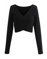 Crisscross Front Long Sleeves Ribbed Top in Black