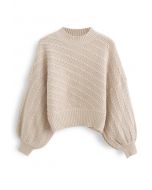 Batwing Sleeves Braid Knit Sweater in Tan