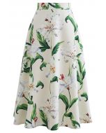 Gorgeous Floral Print A-Line Midi Skirt in Green