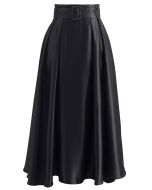 Belted Texture Flare Maxi Skirt in Black