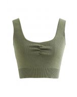 Ruched Front Knit Crop Tank Top in Army Green