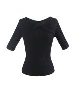 Dual-Use Twist Fitted Knit Top in Black