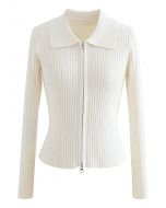 Collared Zipper Rib Knit Crop Top in Ivory