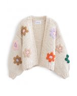 Stitch Flowers Hand-Knit Chunky Cardigan in Cream