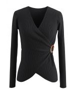 O-Ring Rib Knit Wrap Top in Black