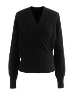 Cable Knit Wrap Front Crop Sweater in Black