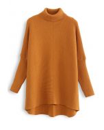 Effortless Chic Turtleneck Batwing Sleeve Hi-Lo Sweater in Caramel