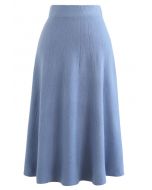 Textured Knit Flare Hem Knit Midi Skirt in Blue