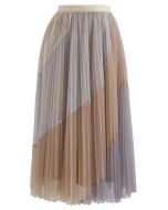 Multi Color Double-Layered Pleated Tulle Midi Skirt in Light Tan