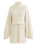 Mock Neck Crop Sweater and Sleeveless Knit Dress Set in Cream