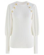 Bubble Sleeves Button Trimmed Knit Top in White