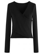 Crisscross Faux-Wrap Soft Cotton Top in Black