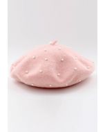 Handmade Pearl Wool Blend Beret Hat in Pink