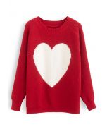 One Heart Rib Knit Oversized Sweater in Red