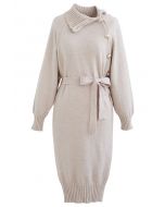 Buttoned Side Flap Collar Knit Midi Dress in Linen