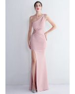 One Shoulder Cutout Slit Gown in Dusty Pink