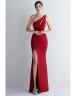 One Shoulder Cutout Slit Gown in Burgundy