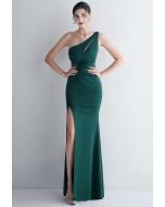 One Shoulder Cutout Slit Gown in Dark Green