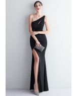 One Shoulder Cutout Slit Gown in Black