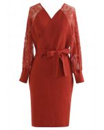 Lacy Sleeve Wrapped Knit Dress in Red