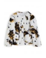 Collarless Spots Print Faux Fur Coat