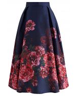 Bewitching Peony Jacquard Flare Skirt in Navy