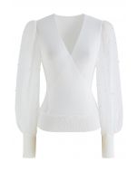 Pearl Puff Sleeve Spliced Faux-Wrap Top in White