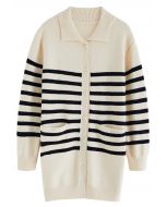 Turn-Down Collar Striped Longline Knit Cardigan