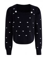 Full of Little Heart Square Neck Knit Sweater in Black