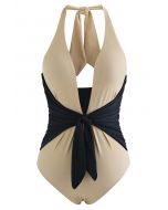 Two-Tone Self-Tie Bowknot Halter Swimsuit in Camel