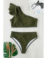 Army Green Ruffled Cutout One-Shoulder Bikini Set