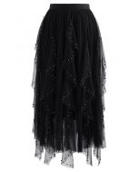 Scattered Bead Decor Pleated Tulle Skirt in Black