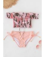 Lace-Up Ruffle Off-Shoulder Bikini Set in Floral Print