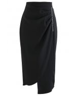 Crystal Trim Ruching Slit Pencil Skirt in Black