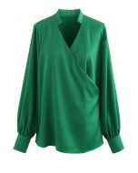 V-Neck Wrap Front Satin Smock Shirt in Green