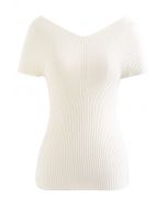 V-Neck Short-Sleeve Fitted Knit Top in Ivory