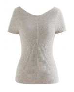 V-Neck Short-Sleeve Fitted Knit Top in Linen