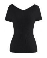 V-Neck Short-Sleeve Fitted Knit Top in Black